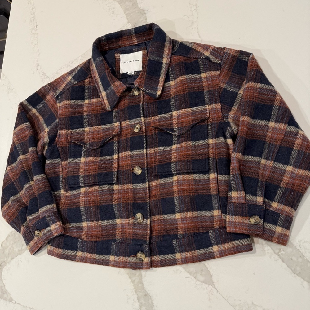American Eagle Plaid Oversized Lined Shacket Women’s Medium Brown/Navy Jacket - Picture 2 of 9